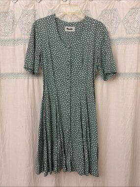 Retro Vintage Sage Green Polka Dot Midi Button-Front Dress